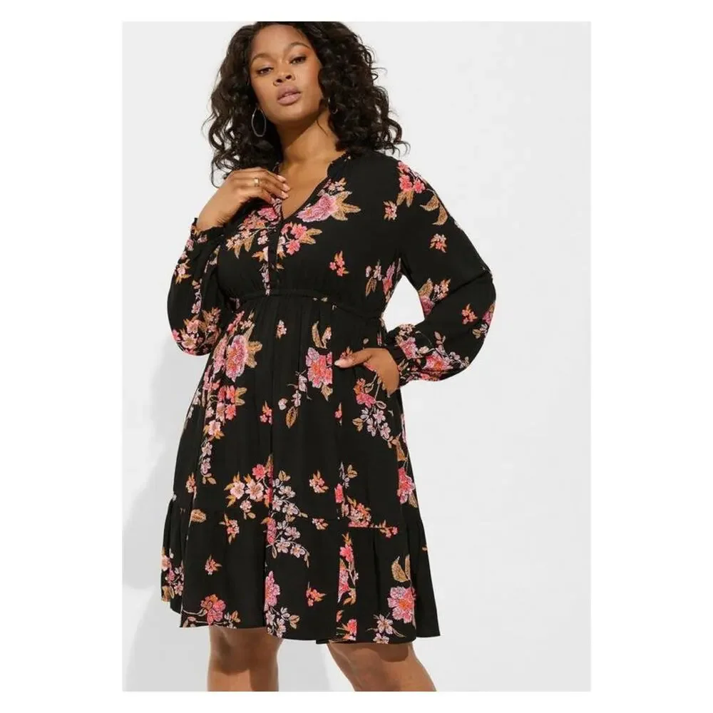 Torrid Black&Pink Floral Challis Mini Shirt Dress Sz.4 NWT - Picture 2 of 16